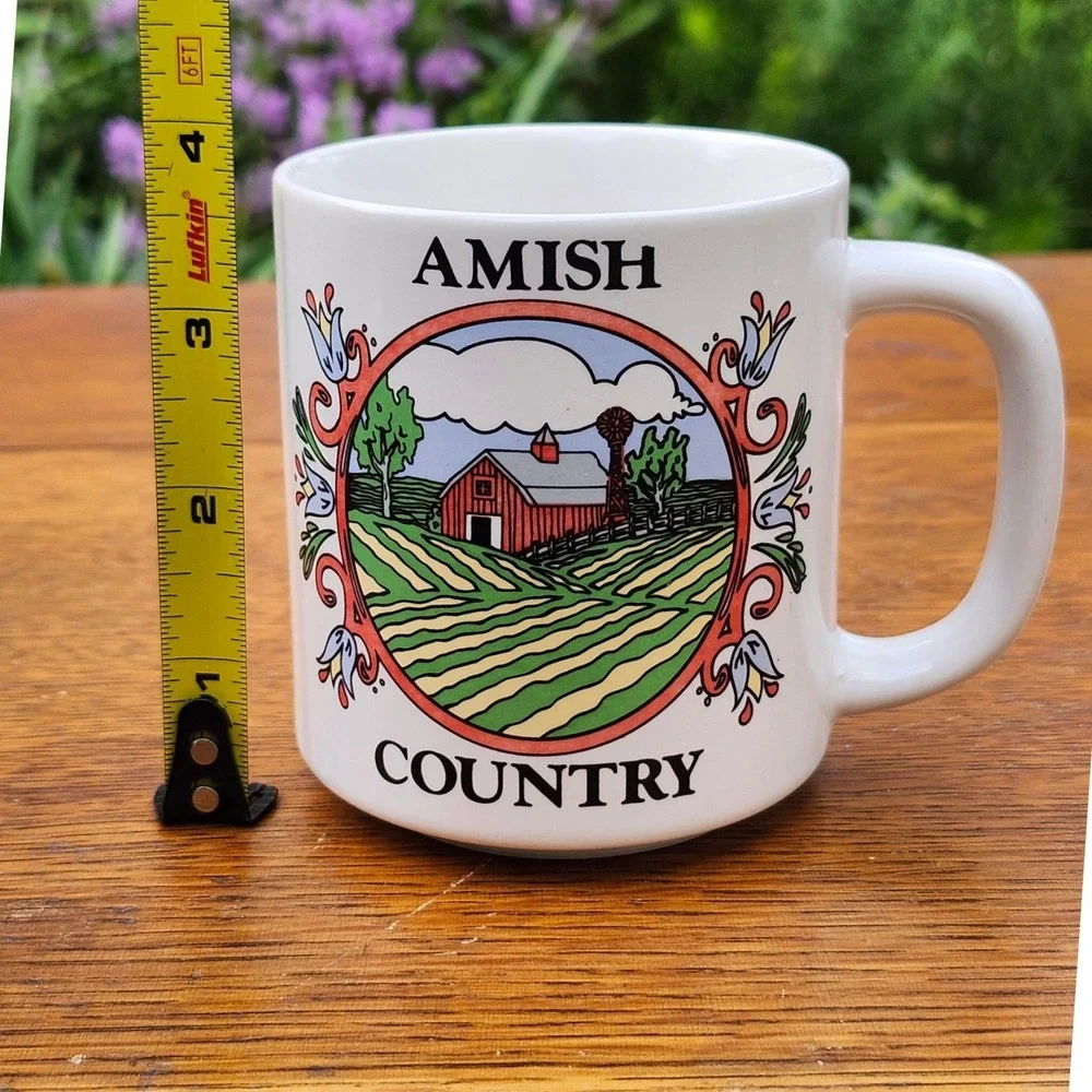 Vintage 80s Amish Country Coffee Mug Barn Windmill Souvenir Ceramic Cup Retro